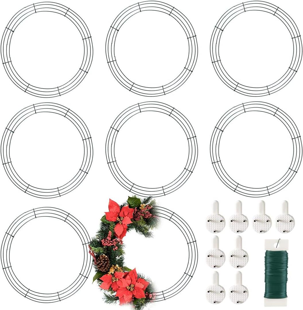 8 Pack 18 Inch Metal Wreath Frame for Crafts DIY Front Door Wreaths Christmas New Year Wreaths Valentines Wedding Garden Home Party Decoration with 38 Yard Paddle Wire