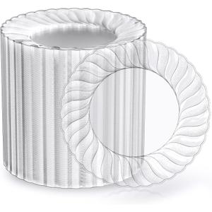 FOCUSLINE 100 Count 6 Inch Clear Plastic Plates, Disposable Heavy Duty Salad Dessert Plates- Premium Hard Plastic Plate Fancy Disposable Clear Plate for Weddings, Parties and Events