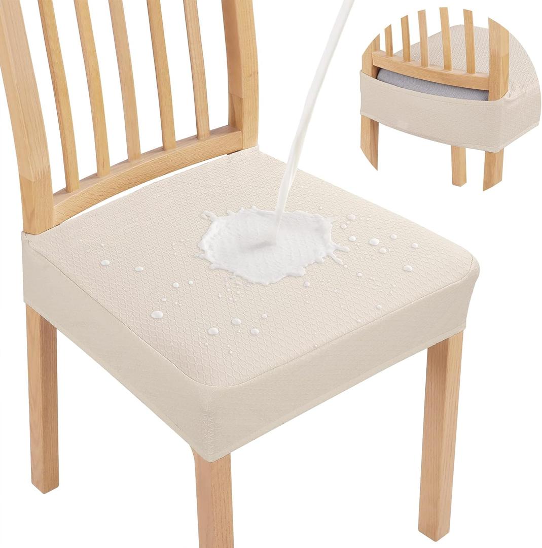 Smiry Waterproof Seat Covers for Dining Room Chairs Set of 6, Stretch Jacquard Removable Washable Chair Seat Slipcovers Protector, No Rear Covers, Beige