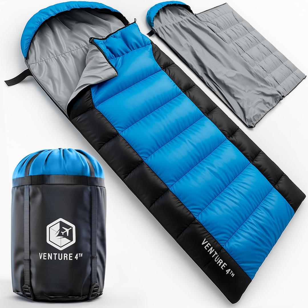 VENTURE 4TH Backpacking Sleeping Bag  XXL, Double and Single Sizes - Lightweight Warm & Cold Weather Sleeping Bags for Adults, Kids & Couples  Ideal for Hiking, Camping & Outdoor Adventures (3.0lbs Single, Blue/Black)