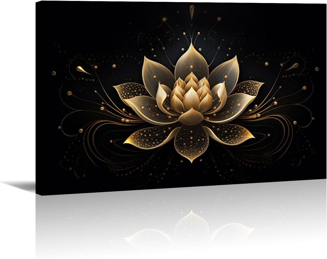 LYUNSHUO Zen Wall Art,Black and Gold Lotus Painting Canvas Print Meditation Poster Flower Picture Vintage Artwork for Spiritual Room Bathroom Living Room Home Decor Framed(Art-1,16.00"x24.00")