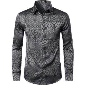 ZEROYAA Men's Hipster Slim Fit Long Sleeve Gothic Jacquard Button Up Dress Shirts for Party Prom (Large, Charcoal)