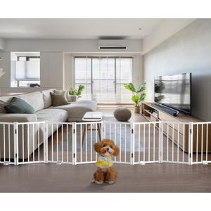 BFNN Free Standing Foldable Dog Gate, 16.5" High Step-Over Metal Short Pet Gate, Up to 96" Wide Puppy Fence for Stairs and Doorways, Indoor & Outdoor Use, No Drilling and No Assembly, White