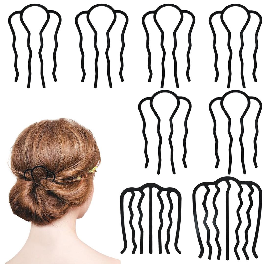 2 x 8 Pieces Metal Hair Side Combs Hair Fork Clip Hair Pin Sticks U-Shape Hair Pin Stick for Girls Women Vintage Hairstyle Hair Accessories(Black, 6 PCS 4 Prong, 2 PCS 7 Prong)