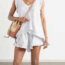 Womens Ruffle Short Set 2 Piece Outfits Fashion Summer Sleeveless Lace Trim Top and Shorts Cotton Pajama Sets (White, S)