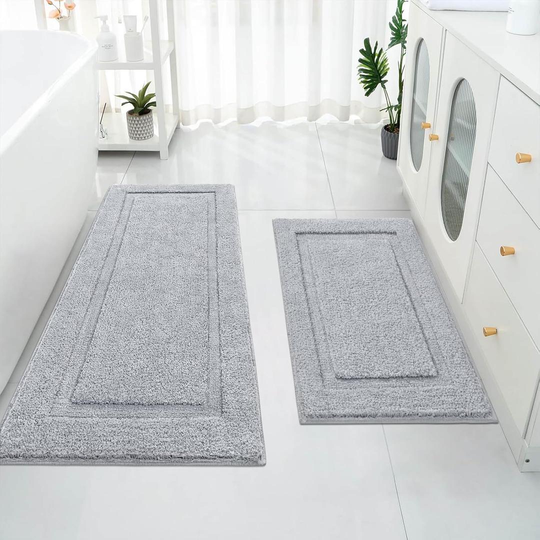 SHACOS Super Soft Bathroom Rugs Set of 2 Pieces with Bath Runner 20x32 + 20x47 inch Bath Mats Non Slip Plush Bath Rug Runner Absorbent Bathroom Carpet Machine Wash Dry, Light Grey