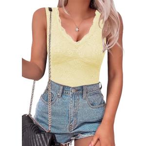 SAUNGKUAI Women's V Neck Sleeveless Bodysuit Going Out Body Suit Tank Tops 2025 Lace Trendy Outfits (Yellow, M)