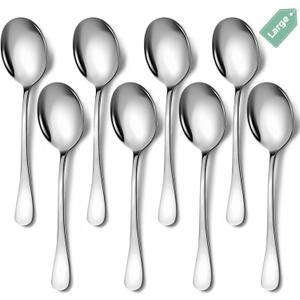 Keyoxy Stainless Steel Serving Spoons Set, 8pc, 10-Inch, Includes 8 Large Spoons, for Parties/Kitchen/Buffet/Catering, Dishwasher Safe (Silver)