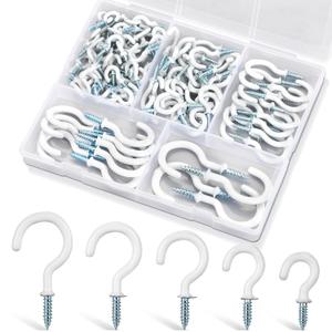 110Pcs Premium Screw Hooks, 5 Sizes White Vinyl Coated Cup Hook, from1/2 in Small Hooks to 1-1/2 in Ceiling Hooks Heavy Duty, Screw in Hooks for Hanging Plants, String Lights