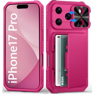 for iPhone 17 Pro Wallet Case with Card Holder (4-5 Cards), Slide Camera Cover, Military Drop Protection, Rugged Women Girly Men Protective Phone Case for iPhone 17 Pro 6.3", Hot Pink