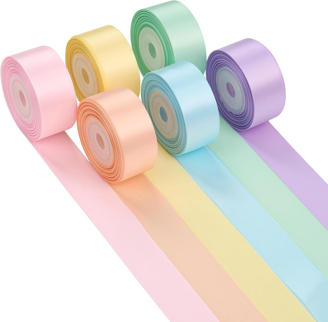 Pastel Ribbon Set - 60Yards Assorted Rainbow Satin Ribbon for Crafts, Bouquets, Parties & Weddings - 6 Rolls (1")