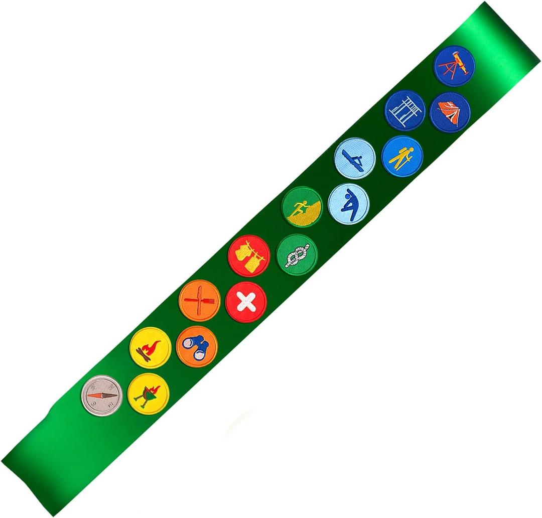 Girl Scout Sash Costume Set, Include 63 * 3.9 inches Blackish Green Sash and 15 Pcs self-Adhesive Medal Patches for Women Party Dress Up