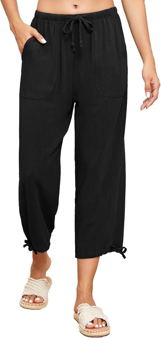 Famulily Womens Capri Pants High Waisted Wide Leg Lounge Linen Pant Drawstring Causal Palazzo Trousers with Pockets (XX-Large, Black) Famulily Womens Capri Pants High Waisted Wide Leg Lounge Linen Pant Drawstring Causal Palazzo Trousers with Pockets (XX-Large, Black)