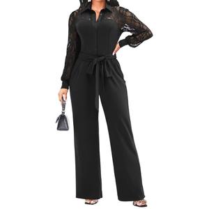 Elegant Jumpsuit for Women Dressy Sexy Lace Puff Sleeve Wide Leg Pant Suit One Piece Formal Outfits Black M