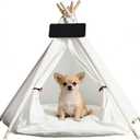 Pet Tent/Tipi for Cats & Dogs - Washable Canvas, Foldable Pet Teepee with Anti-Slip Base & Detachable Cushion | Indoor/Outdoor Safe Shelter for Pets Up to 66lbs-White-M