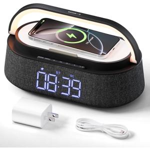 FREEFISH Bluetooth Speaker with Wireless Charger, FM Radio, Adjustable LED Night Light, Dual Wireless Speakers, Suitable for Decoration, Bedroom, Home, Office, Gift, Black