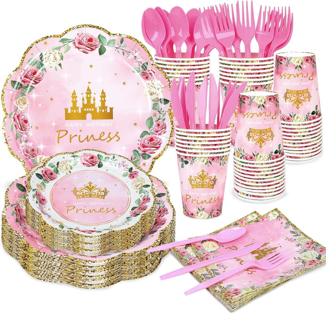 168 Pieces Pink Princess Disposable Party Dinnerware - Princess Paper Plates Napkins Cups Plastic Forks Knives Spoons For Girls Kids Birthday Party Baby Shower Decorations