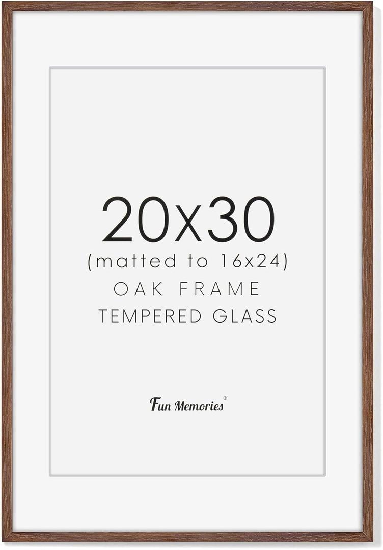 20x30 Oak Wood Picture Frame, 20"x30" Poster Frame for Wall, 20x30 Picture Frame with Mat for 16x24, 20 x 30 Picture Frames with Real Glass (Walnut Color, 1 Pack)