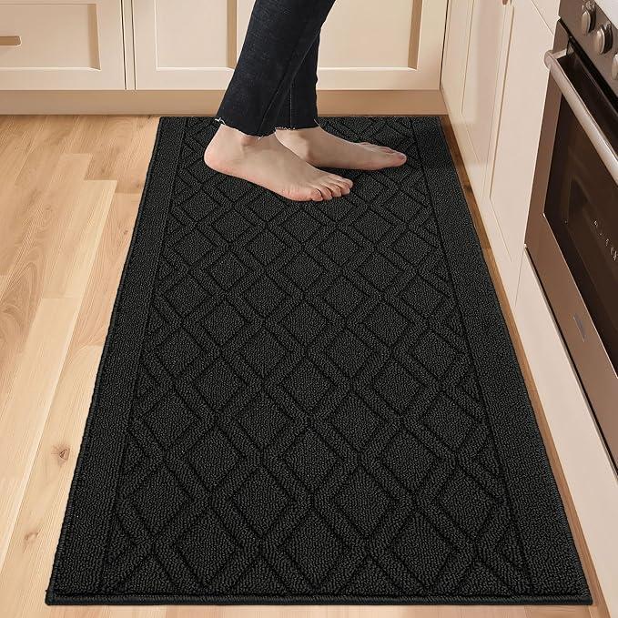 COSY HOMEER-Kitchen-Rugs-Non-Slip-Washable 24"x60" Absorbent Kitchen Runner Rugs Polypropylene Kitchen Mats for Floor,Sink Mat,Hallway,Laundry,Black