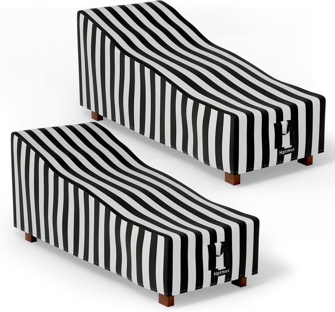 2Pcs Outdoor Chaise Lounge Covers - Patio Chaise Lounge Covers Waterproof Heavy Duty Outdoor Lounge Chair Covers Patio Furniture Covers, 84" L x 32" W x 32" H/Black&White Stripe