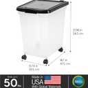 IRIS USA Airtight Dog Food Storage Container, WeatherPro, Up to 50 lbs, Removable Wheels, for Dog Cat Bird and Other Pet Food Storage Bin, Keep Fresh, Translucent Body, Made in USA, Clear/Black
