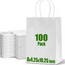Ginkgo 100 Pack Paper Gift Bags with Handles, Medium Size White Paper Bags Bulk, 8x4.25x10.25 Kraft Bag for Shopping, Grocery, Business, Retail, Party Favor, Takeout, Goodie, Craft