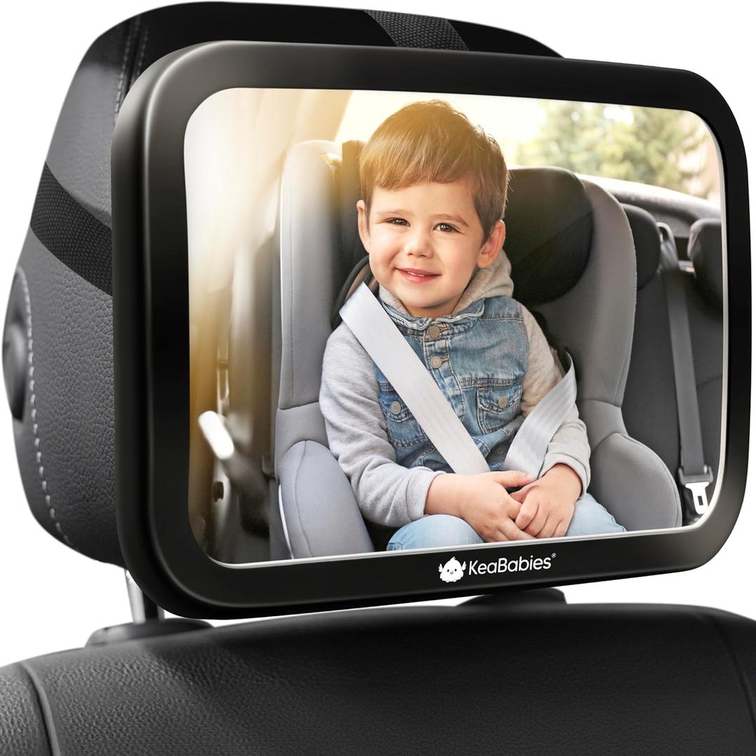 KeaBabies Shatterproof Baby Car Mirror, Backseat - Large Safety Car Seat Mirror for Baby Rear Facing, 360 Crystal Clear View, Accessories for Removable Headrest, Easy Install & Adjust (Sleek Black) (Large 11.5 x 7.5")