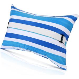 Menkxi 24"x15" Inflatable Beach Pillow with Removable Cover, Beach Chair Backpacking Pillow with Strap Stripe for Summer Sand Pools Travel Vacations(Blue White)