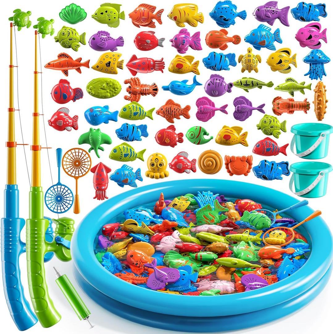 Magnet Fishing Toys Game for Kids 3-5 - Floating Fish Toys with Inflatable Kiddie Pool, Bath for Toddlers, Pole Rod Net, Outdoor Party for Boys Girls Kids Age 3 4 5 6 7 8 Year Old