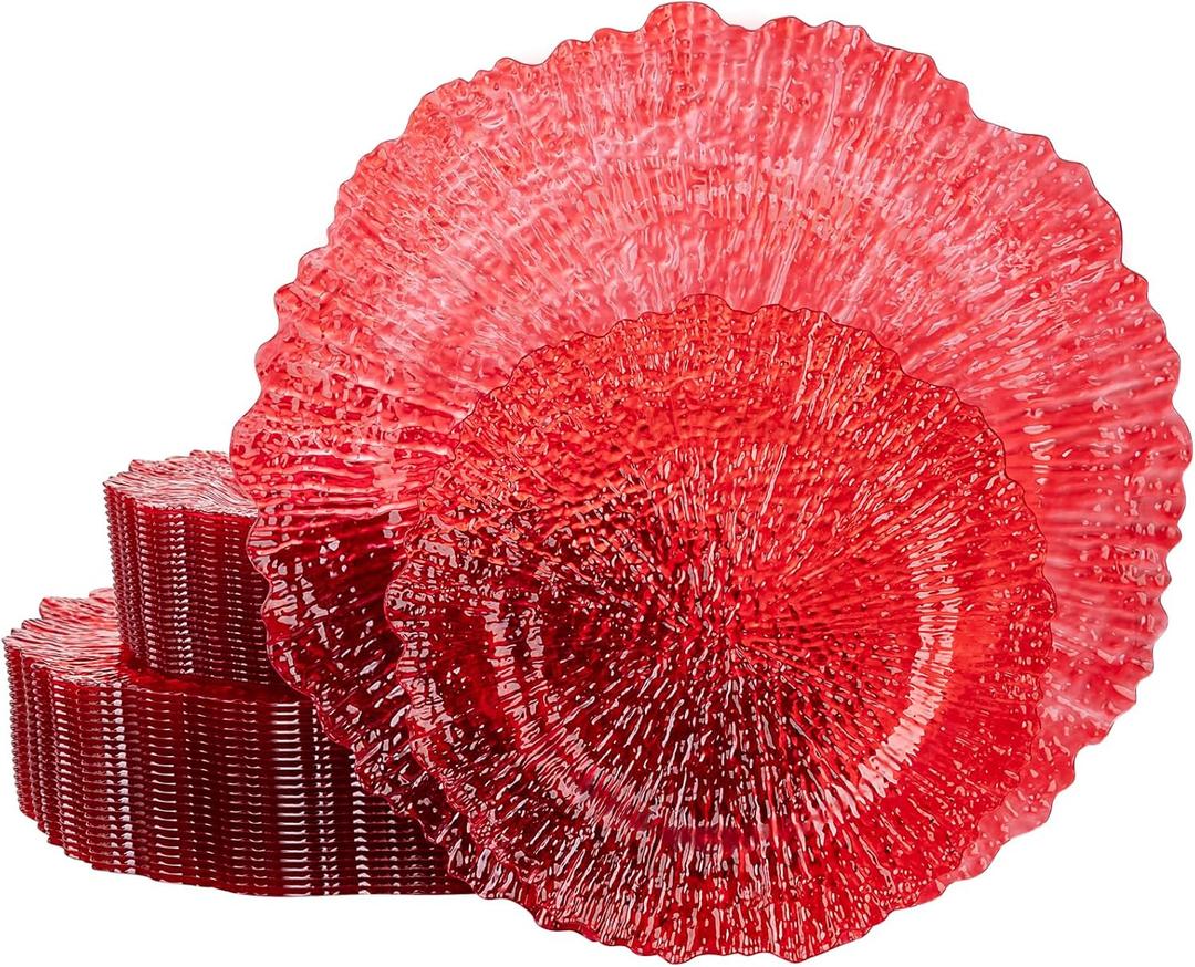 U-QE 60PCS Clear and Red Plastic Plates - Reef Plastic Plates Disposable&Reusable - Clear Red Plate Including 30 Dinner 10" & 30 Dessert Plate 7" Perfect for Party & Wedding