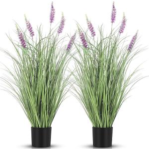 Jexine 2 Pieces Faux Plants Outdoor 3 ft Tall Artificial Lavender Plant Potted Artificial Lavender Faux Greenery Floor Flowers for Housewarming Gift House Garden Bathroom Lobby Outdoor