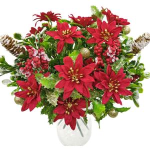 4 Pack Christmas Flowers Artificial Velvet Poinsettias with Glitter Balls Pine Cones Fake Berry Bouquet Winter Flowers Ornaments for Vase Party DIY Indoor Table Centerpieces Cemetery Xmas Decorations (Red)