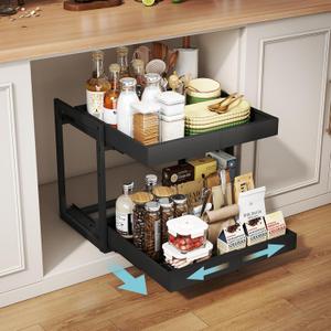 Golener 2-Tier Expandable Pull Out Cabinet Organizer - Pull-Out Drawers for Kitchen Cabinets, 2 Slide Home Storage Organizers, Slide Out Shelves for Base Cabinet Organization in Kitchen, Black Metal (16" Deep)