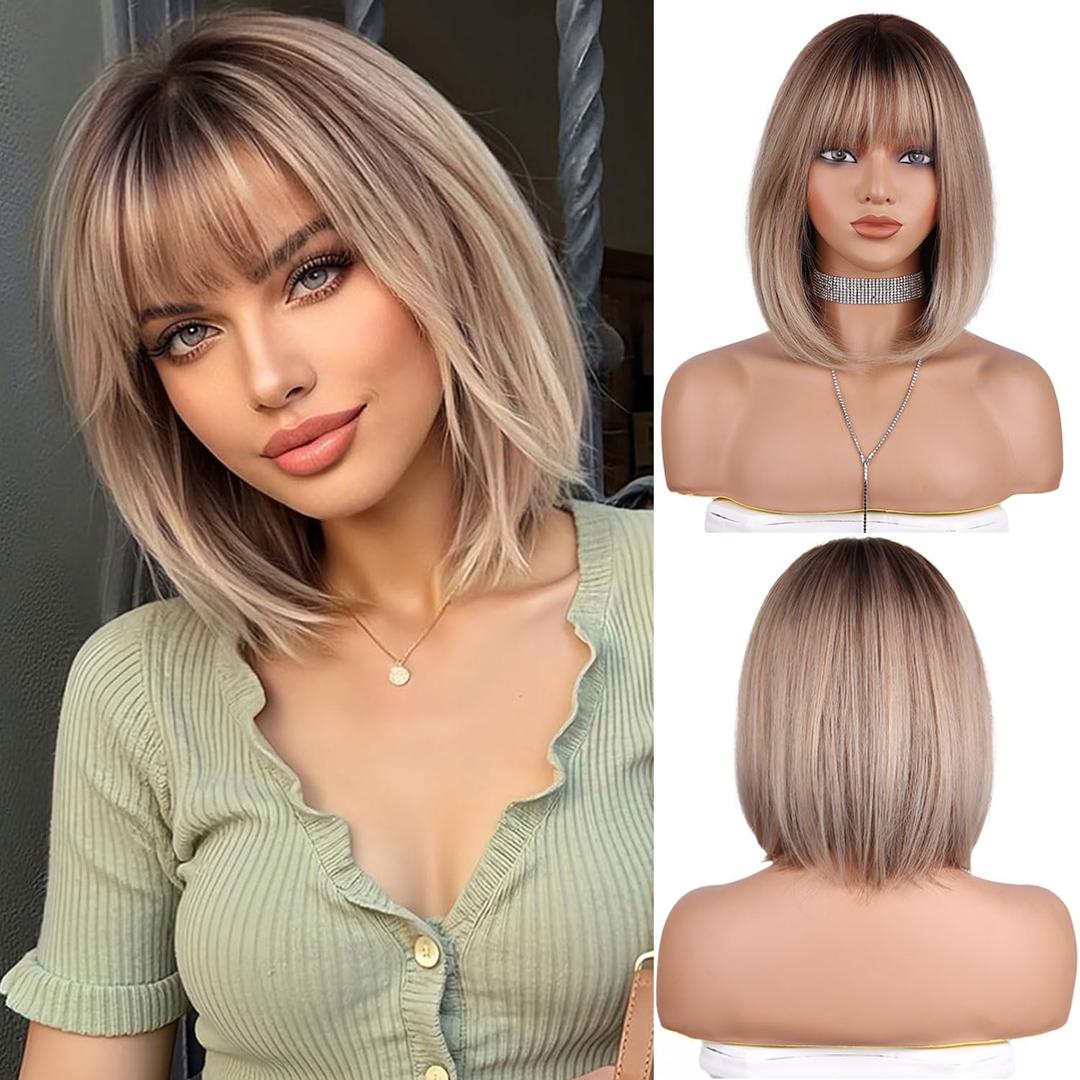 Ombre Blond Bob Wig With Bangs 14 Inch Short Straight Bob wig for Women Short Bob Wigs Heat Resistant Fiber Synthetic Middle Part Cosplay Costume Party Wigs