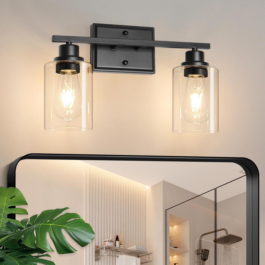Unicozin 2 Light Bathroom Light Fixtures, Modern Vanity Lights Over Mirror, Black Wall Lamp with Clear Glass for Living Room Cabinet Bedroom Porch
