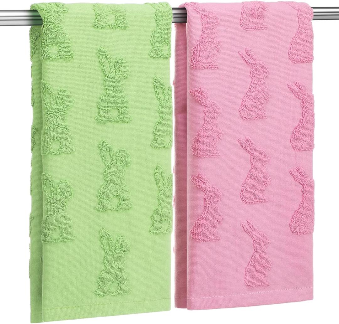 Remagr 2 Pcs Easter Bunny Hand Towels for Bathroom 3D Cotton Embroidery Kitchen Towels Spring Rabbit Bunny Plush Bath Green Pink Decorative Bath Towel Set for Kitchen Bathroom Decor