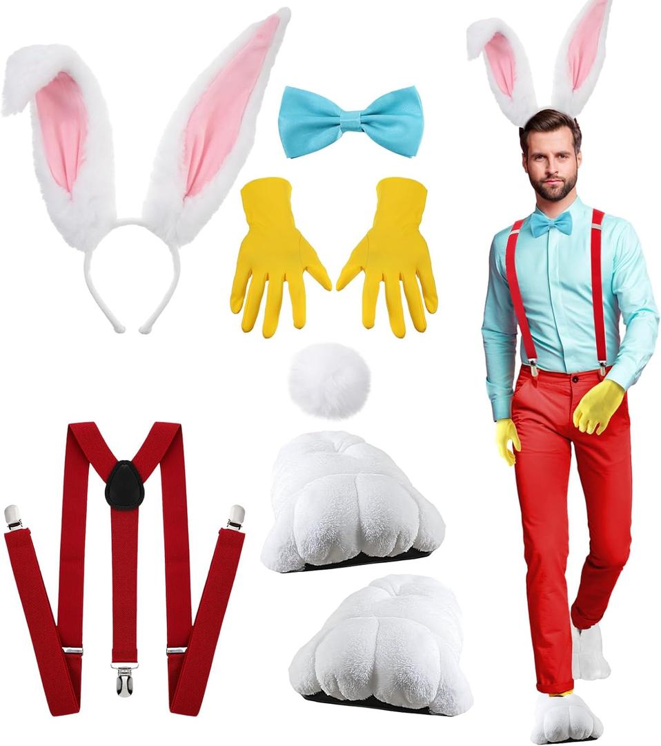 Shyyween 6 Pcs Halloween Rabbit Costume Set for Men Bunny Ear Headband Shoes Tail Bowtie Glove Y Back Adjustable Suspender (Medium)