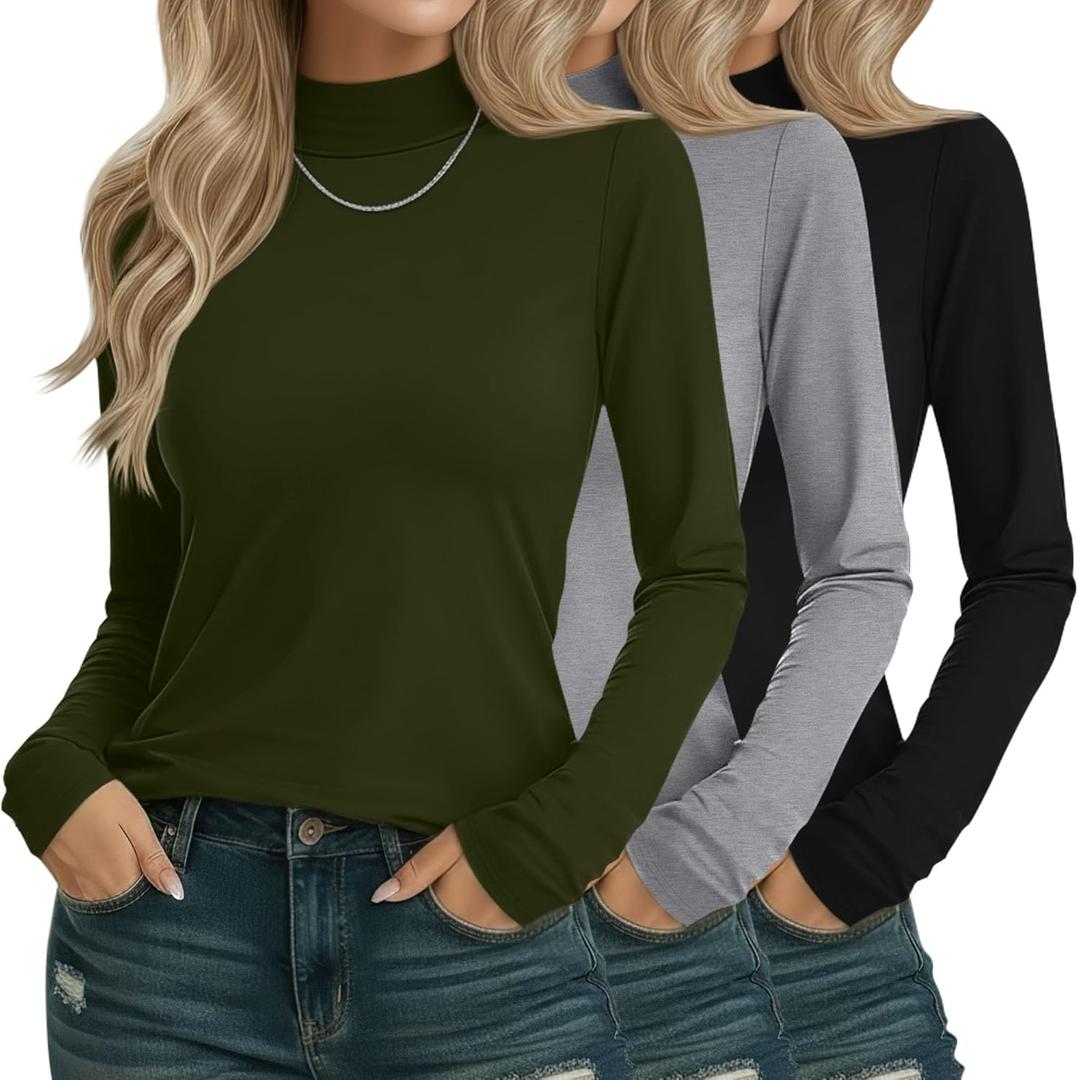 3 Pack Cotton Women's Mock Turtleneck Shirts Long Sleeve Mock Neck Tops Casual Pullover Basic Tees Undershirt (X-Large, Black, Light Gray, Army Green)