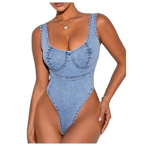 Milumia Women's Scoop Neck Denim Bodysuit Zipper Backless Y2K Going Out Tank Tops Blue, Size large