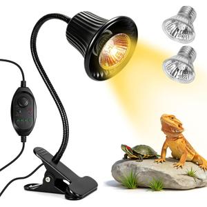 Reptile Heat Lamp, Heating Lamp for Reptiles with UVA UVB, 2H,4H, 8H, 10H Cycle Timing&Stepless Dimming Adjustment Basking Light for Turtle, Bearded Dragon, Lizard and More, 2 Bulbs 50W+75W