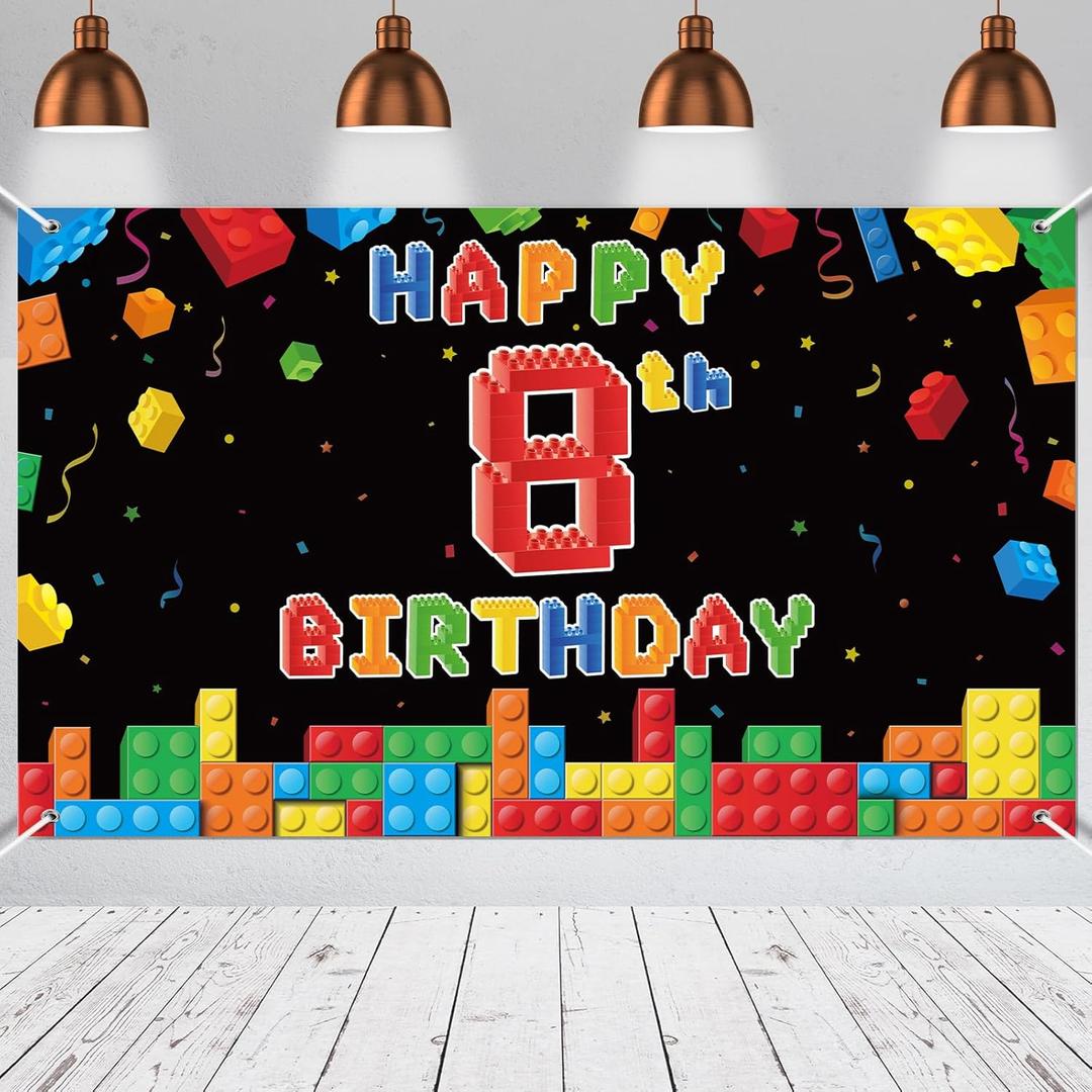 Panelee Building Block Birthday Banner Building Blocks Party Backdrop Decoration Happy Birthday Banner Photography Background for Party, 72.8 x 43.3 Inch(Black,8th)