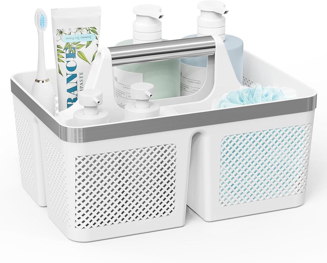 BYUNER Plastic Shower Caddy Dorm: Portable Bathroom Caddy Organizer with Handle and Holes, Cleaning Basket, Hard Shower Basket Storage Tote for Toiletry, College Dorm Room Essentials White/Silver