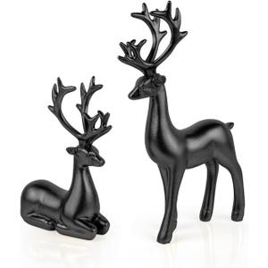 2 Pack Resin Christmas Reindeer Figurines Deer Statues Elk Sculpture Deer Ornaments for Living Figurine Statues TV Cabinet Home Office Cabinet Decoration (Black)