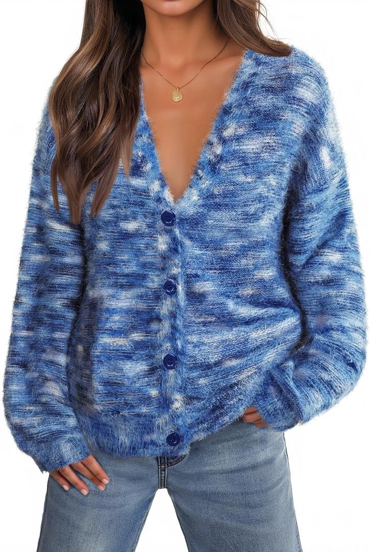 MEROKEETY Women's Fall Fuzzy Colorful Knit Cardigan Sweaters Winter Button Down Boho Casual Long Sleeve Outerwear Top (Blue, XL)