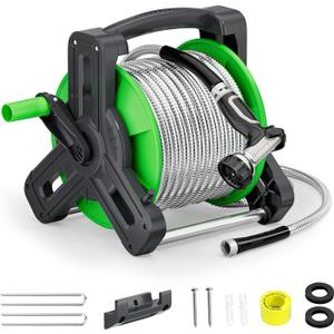 Portable Garden Hose Reel with 74ft Heavy Duty 304 Stainless Steel Water Pipe, Wall Mount Lightweight Winder Combo with Nozzle for Outside, Yard, Patio