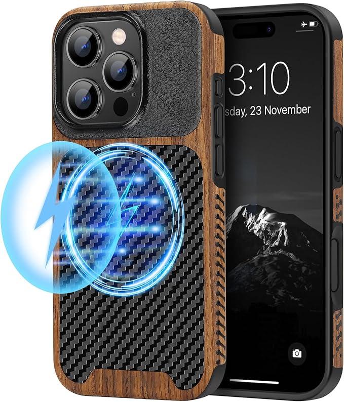 TENDLIN Magnetic Case Compatible with iPhone 16 Pro Phone Case Wood Grain with Carbon Fiber Texture Design Leather Hybrid Slim Case (Compatible with MagSafe) Black