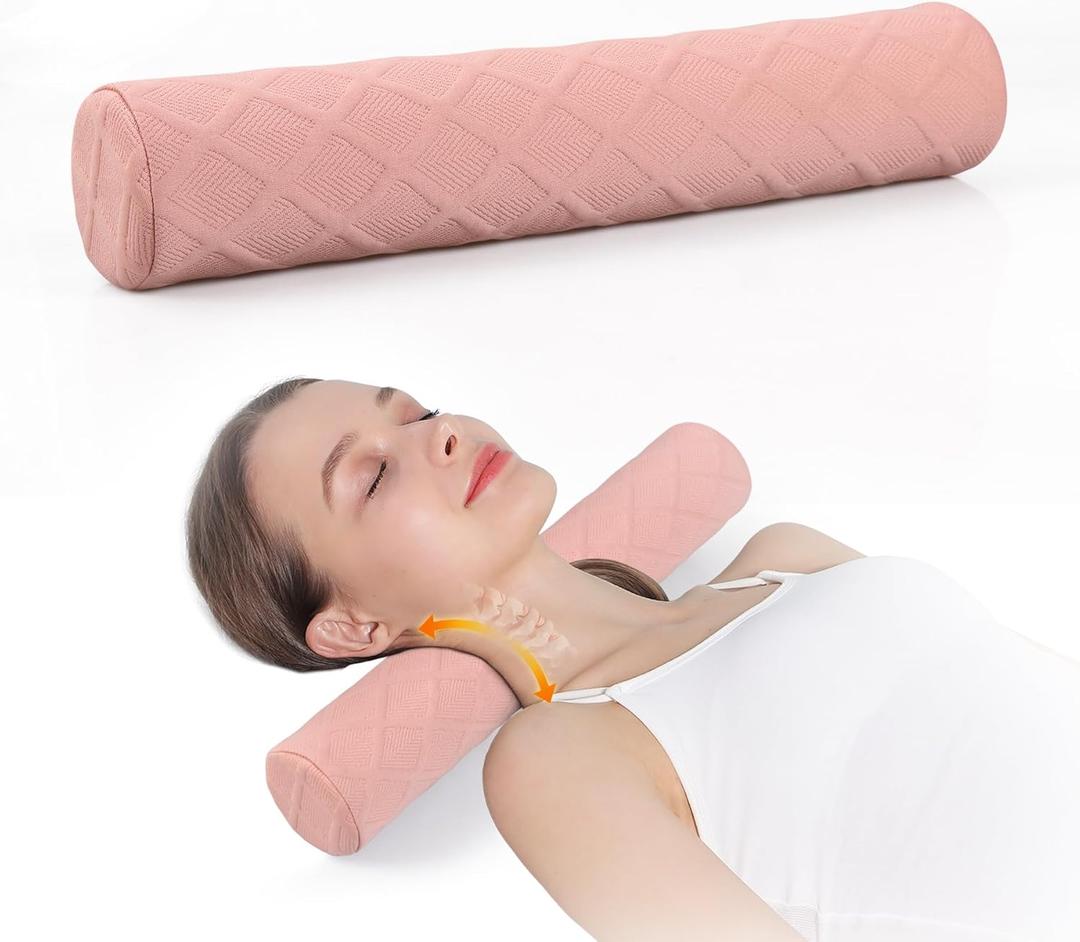 Cozyhealth 3.1" H Small Cervical Roll Pillow, Medium Soft Memory Foam Neck Round Pillow Cylinder Bolster Pillow for Sleeping, Round Neck Support for Bed, Legs, Back and Yoga (Pink, Small - 3.1" H)