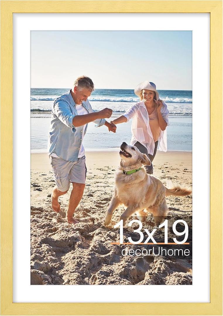 decorUhome 13x19 Picture Frame, Display Pictures 11x17 with Mat or 13x19 without Mat, Wall Mounting Photo Frame, Gold, 1 Pack