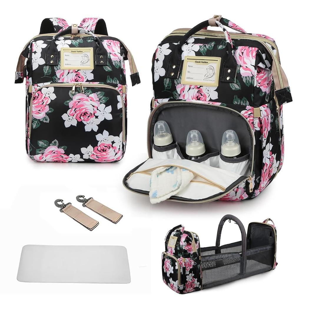 Diaper Bag Backpack Waterproof Baby Bag Large Capacity Multifunction Nappy Bags Floral Insulated Durable Travel Maternity Back Pack with Changing Station for Baby Black