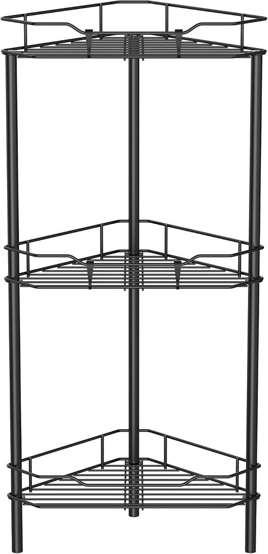 HuggieGems 3 Tier Floor Standing Corner Shower Caddy Organizer Shelf with Hooks, Bathroom Shelves Stand Rack, Black